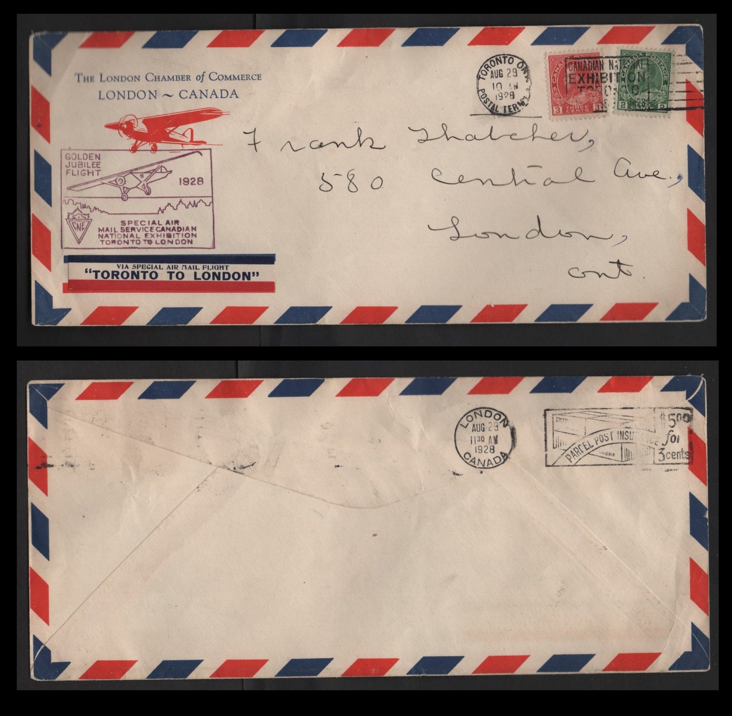 Lot 259 Canada AAMC#2839e 2c, 3c Green & Carmine Red King George V, 1911-1928 Admiral Issue, A VF Commemorative Fight Cover CNE Golden Jubilee Flight: Toronto-London