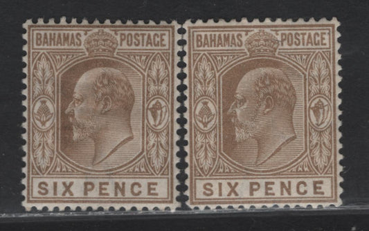 Lot 26 Bahamas SG#66, 74 6d Bistre Brown King Edward VII, 1902-1911 King Edward VII Keyplates Issue, 2 VFOG Singles, Crown CA & Multiple Crown CA Wmks