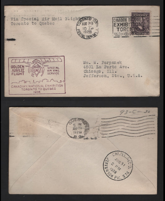 Lot 260 Canada AAMC#2839c 5c Dull Slate Violet Wilfred Laurier, 1927 Confederation Issue, A VF Commemorative Fight Cover CNE Golden Jubilee Flight: Toronto-Quebec