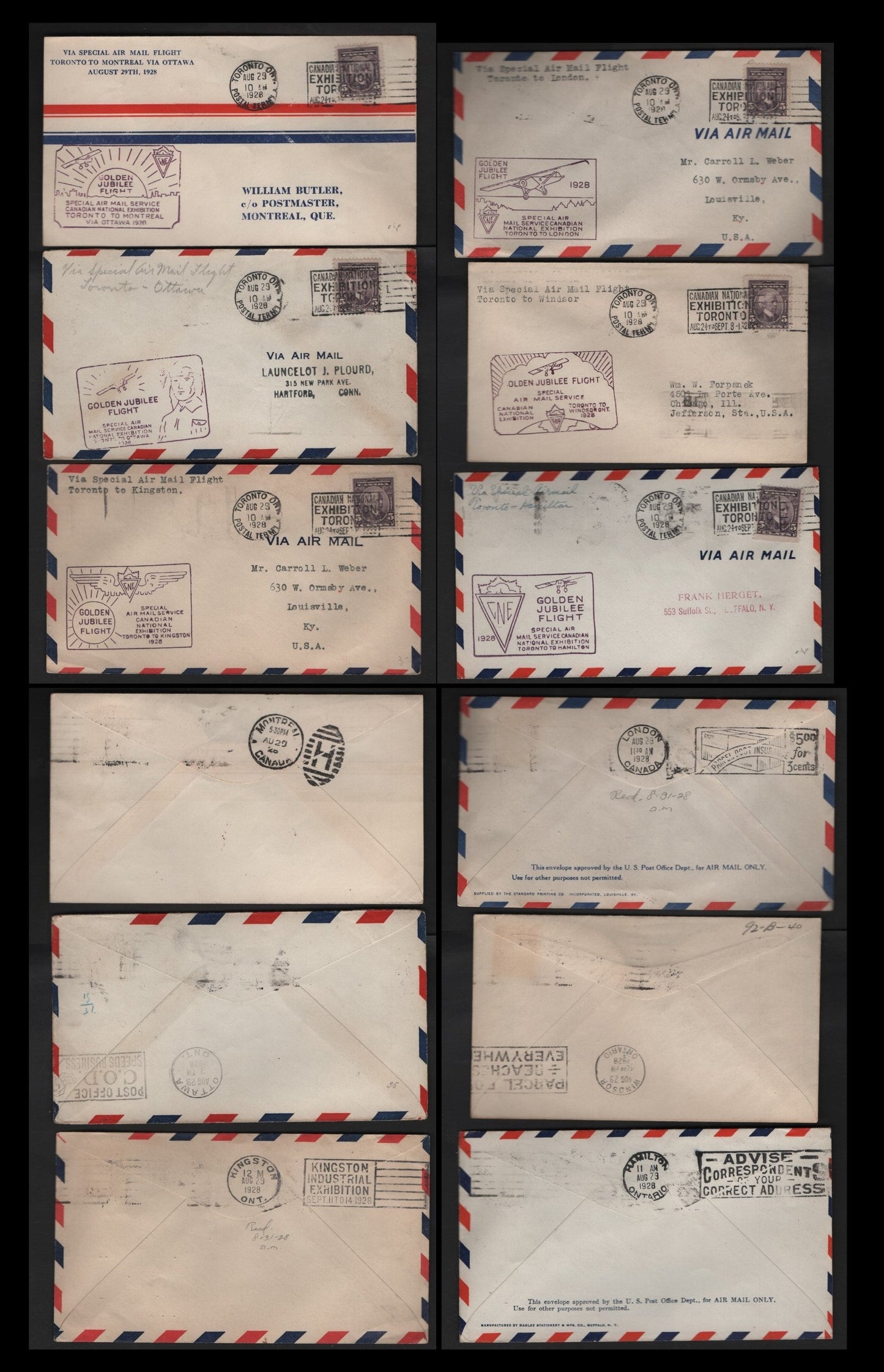 Lot 261 Canada AAMC#2839-b, 2839d-f 5c Dull Slate Violet Wilfred Laurier, 1927 Confederation Issue, 6 Fine & VF Commemorative Fight Covers CNE Golden Jubilee Flight: Toronto-Kingston/Ottawa/Montreal/Hamilton/Windsor/London