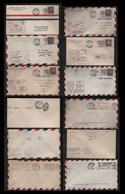 Canada AAMC#2839-b, 2839d-f 5c Dull Slate Violet Wilfred Laurier, 1927 Confederation Issue, 6 Fine & VF Commemorative Fight Covers CNE Golden Jubilee Flight: Toronto-Kingston/Ottawa/Montreal/Hamilton/Windsor/London