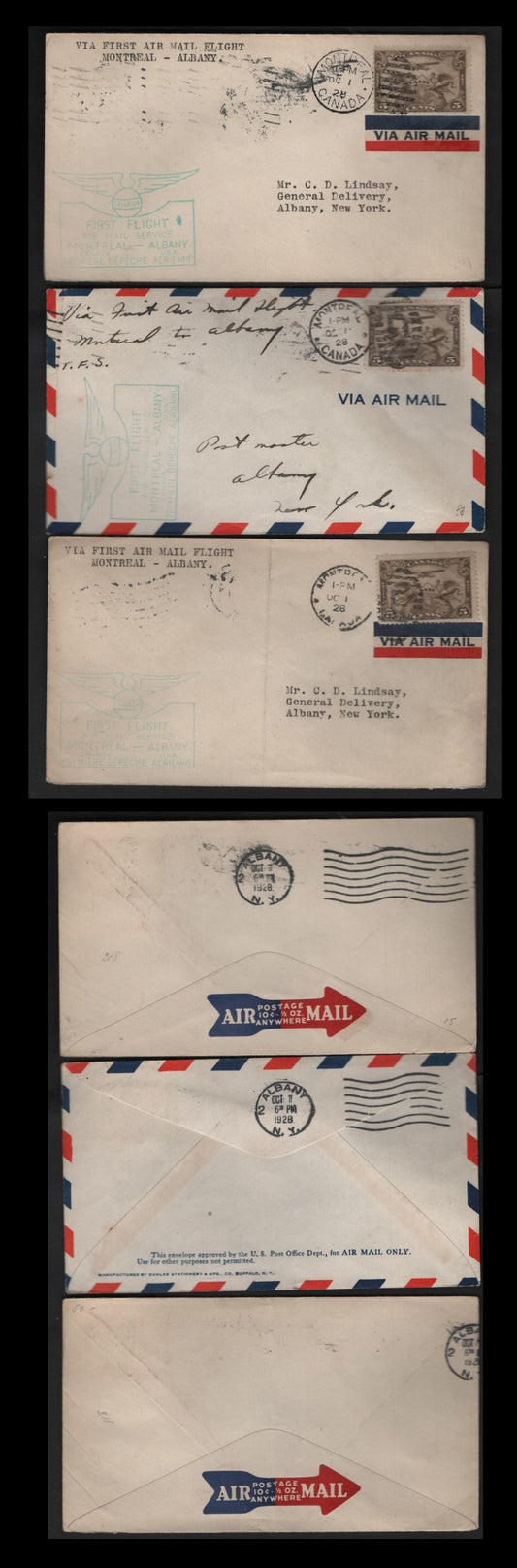 Lot 262 Canada AAMC#2847 5c Olive Brown Allegory Of Flight, 1928-1929 Scroll Issue Airmail, 3 VF Commemorative Fight Covers Montreal-Albany NY Flight, 3 Different Montreal Duplex Cancel