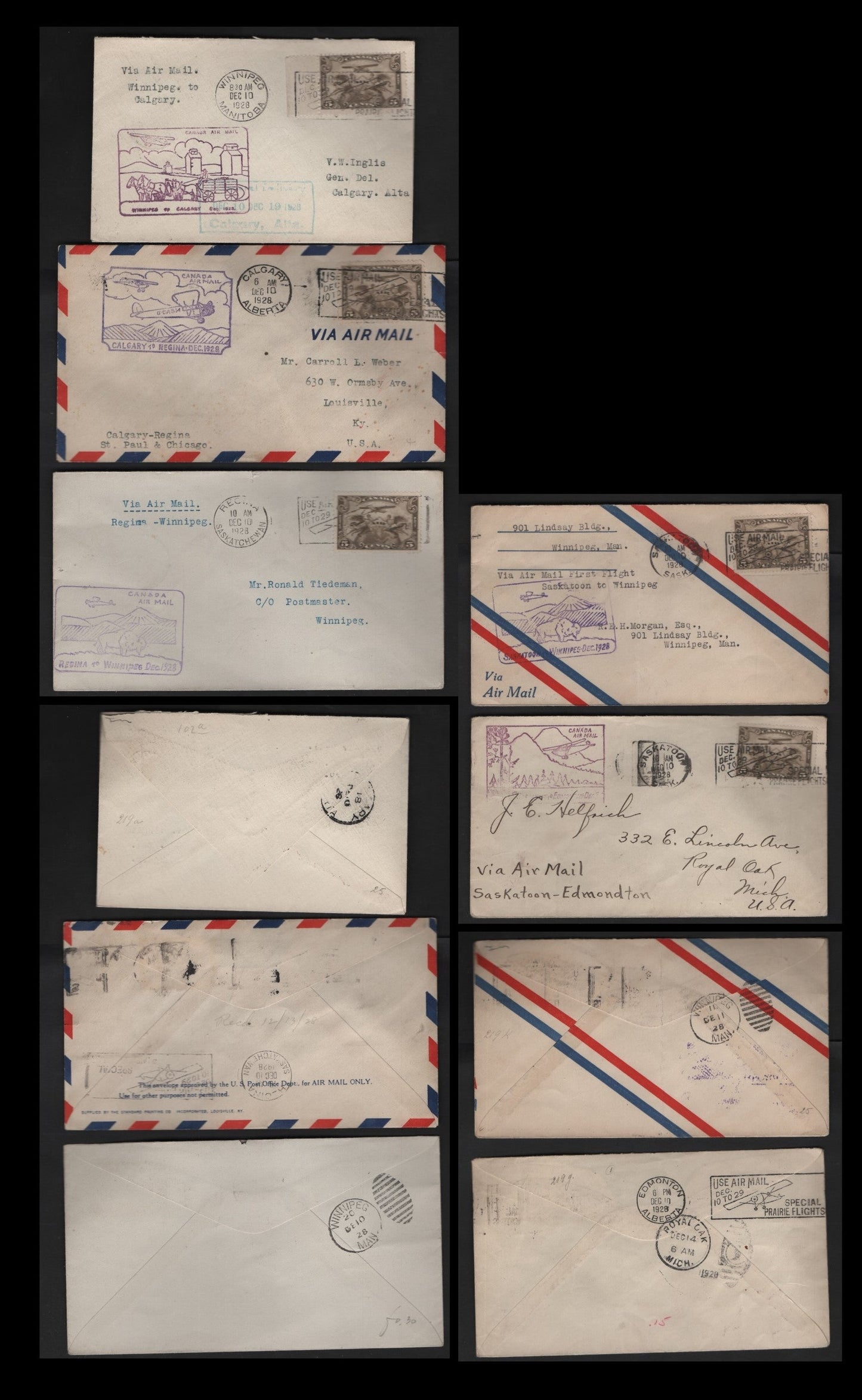 Lot 263 Canada AAMC#2853a, g, h, k, o 5c Olive Brown Allegory Of Flight, 1928-1929 Scroll Issue Airmail, 5 Fine & VF Commemorative Fight Covers Prairie Province Flights, Saskatoon/Edmonton/Winnipeg/Calgary/Regina