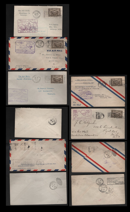 Lot 263 Canada AAMC#2853a, g, h, k, o 5c Olive Brown Allegory Of Flight, 1928-1929 Scroll Issue Airmail, 5 Fine & VF Commemorative Fight Covers Prairie Province Flights, Saskatoon/Edmonton/Winnipeg/Calgary/Regina