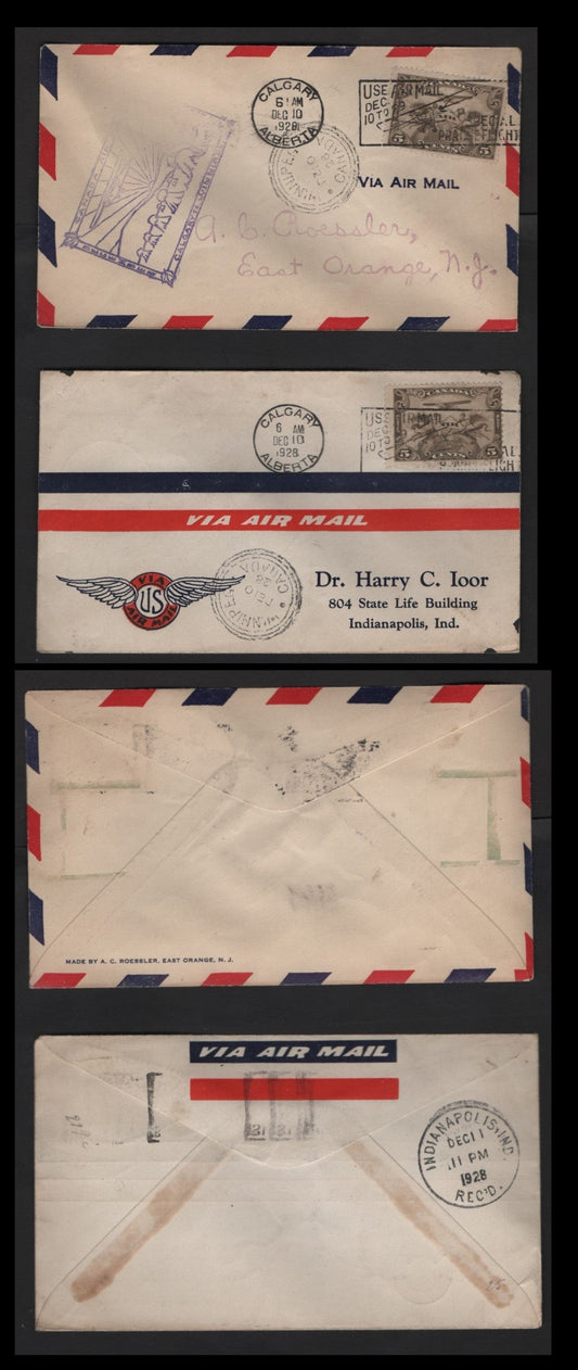 Lot 264 Canada AAMC#2853i 5c Olive Brown Allegory Of Flight, 1928-1929 Scroll Issue Airmail, 2 Fine Commemorative Fight Covers Calgary-Winnipeg Flight With and Without Cachet