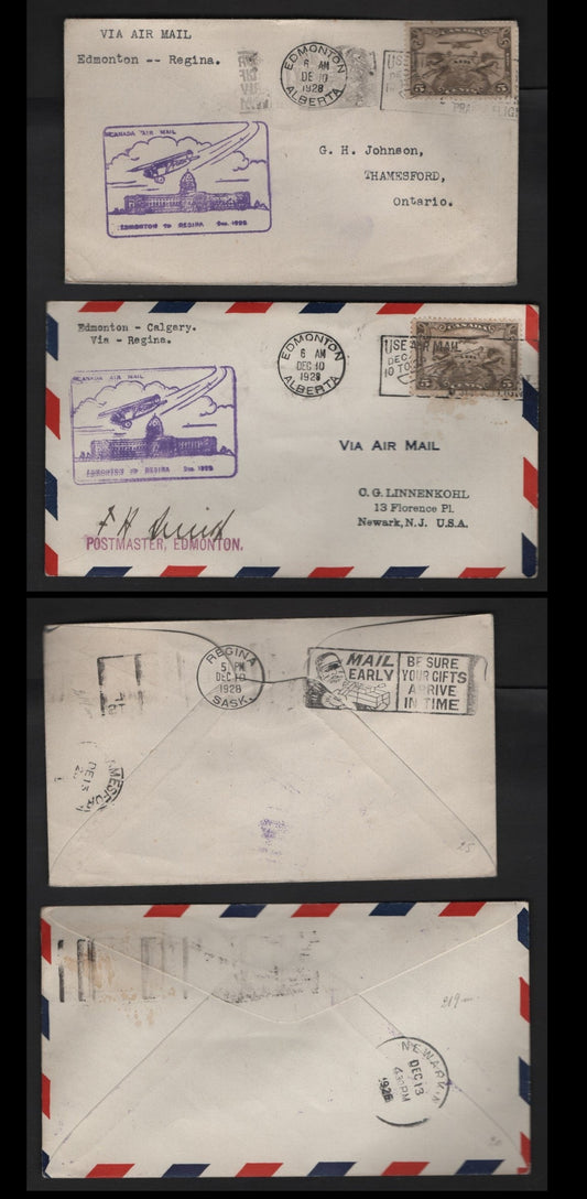 Lot 265 Canada AAMC#2853m 5c Olive Brown Allegory Of Flight, 1928-1929 Scroll Issue Airmail, 2 VF Commemorative Fight Covers Edmonton-Regina Flight, One Signed By Postmaster