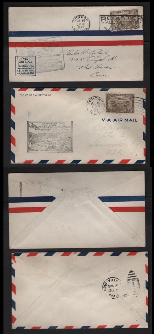 Lot 267 Canada AAMC#2943, 2945h 5c Olive Brown Allegory Of Flight, 1928-1929 Scroll Issue Airmail, 2 VF Commemorative Fight Covers Toronto-Buffalo and London-Detroit Flights