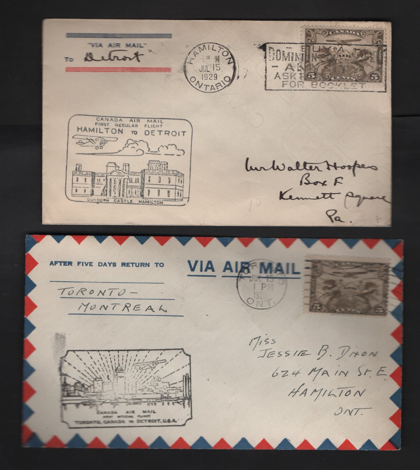 Lot 268 Canada AAMC#2945c, 2945f 5c Olive Brown Allegory Of Flight, 1928-1929 Scroll Issue Airmail, 2 VF Commemorative Fight Covers Toronto-Detroit & Hamilton-Detroit Flights