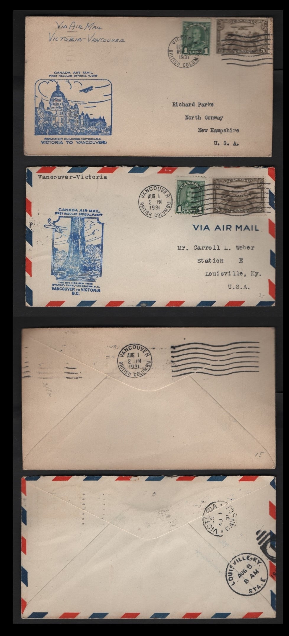 Lot 272 Canada AAMC#3137-a 1c, 5c Olive Brown & Dark Green Allegory Of Flight, King George V, 1928-1929 Scroll Issue Airmail & 1930-35 Arch Issue, 2 Fine & VF Commemorative Fight Covers Vancouver/Victoria Flights