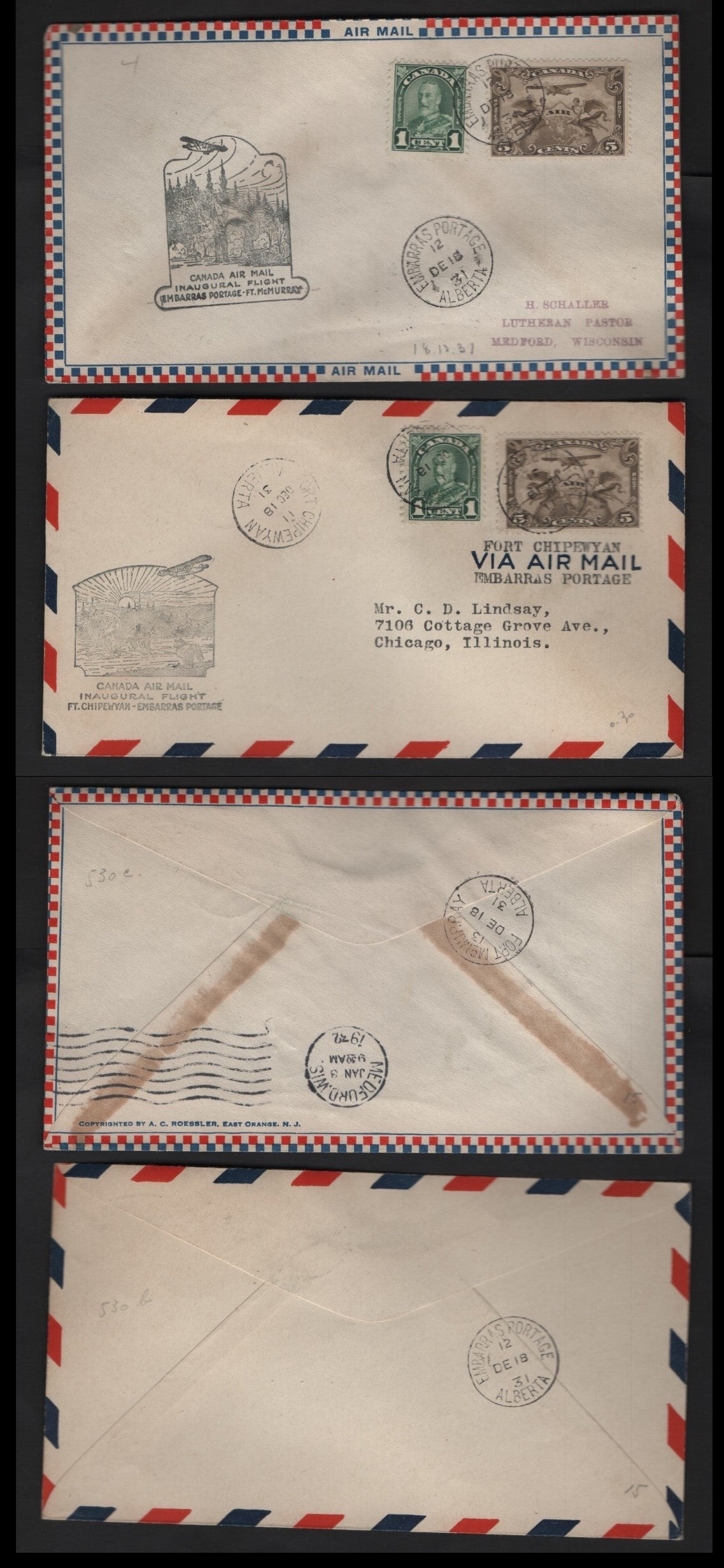Lot 274 Canada AAMC#3177b-c 1c, 5c Olive Brown & Dark Green Allegory Of Flight, King George V, 1928-1929 Scroll Issue Airmail & 1930-35 Arch Issue, 2 VF Commemorative Fight Covers Embarras Portage/Ft, McMurray/Ft. Chipewyan Flights