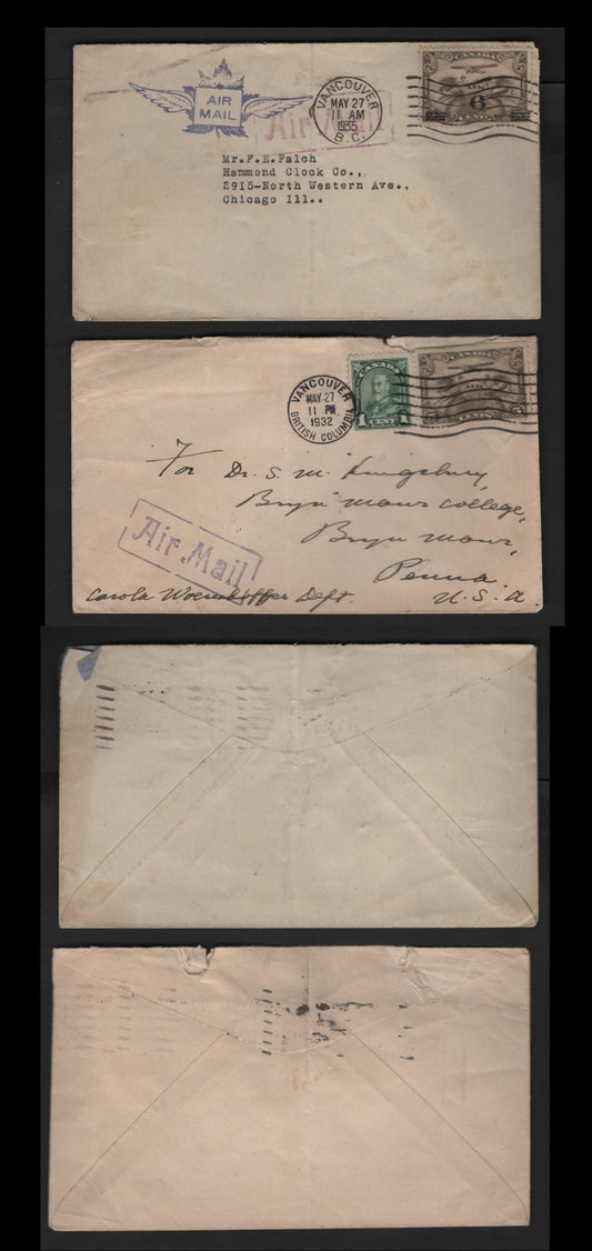 Lot 277 Canada #C1, C3, 163 1c, 5c Olive Brown & Dark Green Allegory Of Flight, King George V, 1928-1929 Scroll Issue Airmail & 1930-35 Arch Issue & 1932 Surcharged Airmail, 2 VG-F Airmail Covers to USA