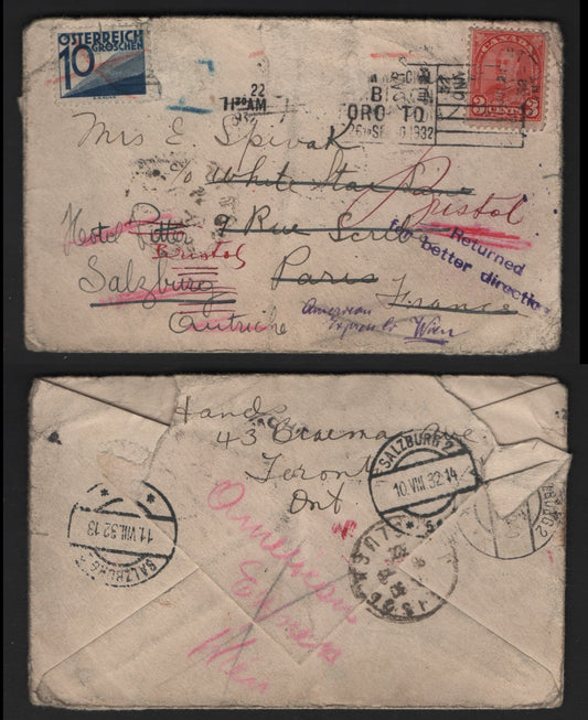 Lot 279 Canada #167, J139 3c, 10g Scarlet, Dark Blue King George V & Numeral, 1930-1935 Arch Issue, A VG Thrice Redirected Postage Due Cover to Austria Redirected - France to Bristol UK, Then To Vienna & Finally To Saltzburg, Franked With 10g Postage Due