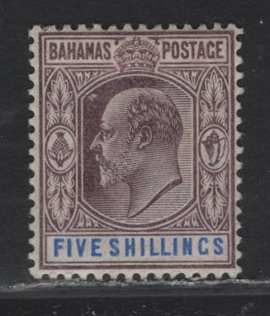 Lot 28 Bahamas SG#69 5/- Dull Purple & Blue King Edward VII, 1902-1907 King Edward VII Keyplates Issue, A VFOG Single, Crown CA Wmk