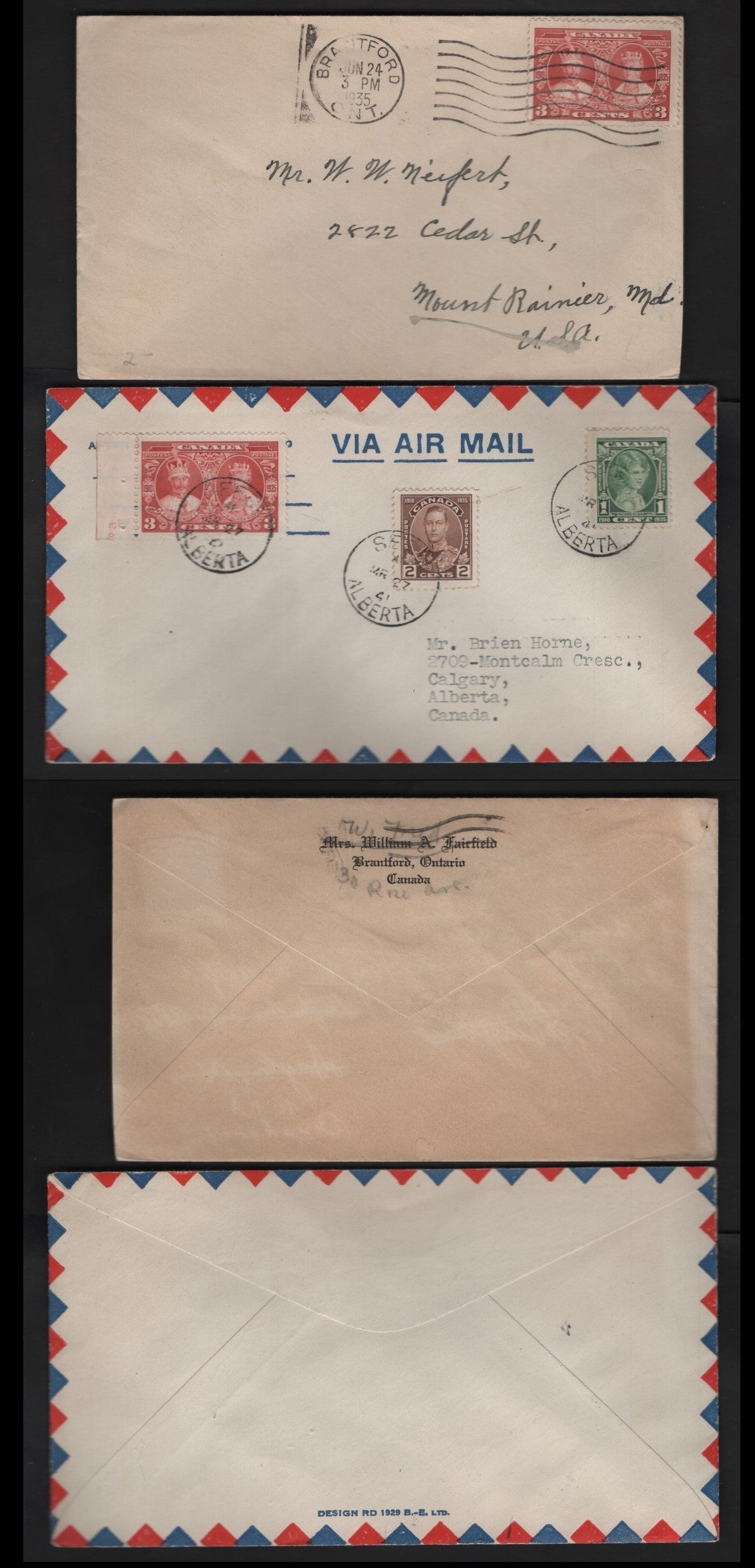 Lot 280 Canada #211-213 1c-3c Green-Carmine Red Princess Elizabeth - King George V & Queen Mary, 1935 Silver Jubilee Issue, 2 VF Domestic & US Covers