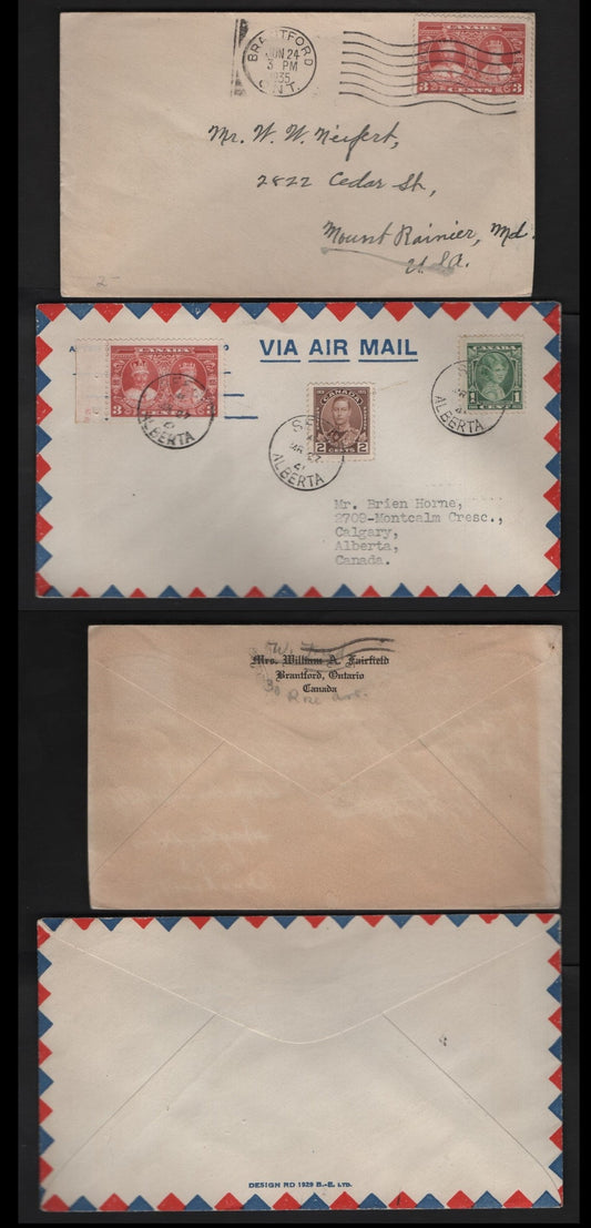 Lot 280 Canada #211-213 1c-3c Green-Carmine Red Princess Elizabeth - King George V & Queen Mary, 1935 Silver Jubilee Issue, 2 VF Domestic & US Covers