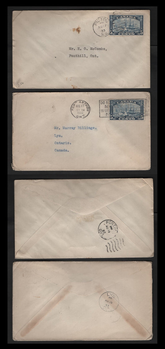 Lot 281 Canada #204 5c Steel Blue Royal William, 1933 Royal Wiliam Issue, 2 Fine Plain First Day Covers Port Arthur & Pictou NS Cancels