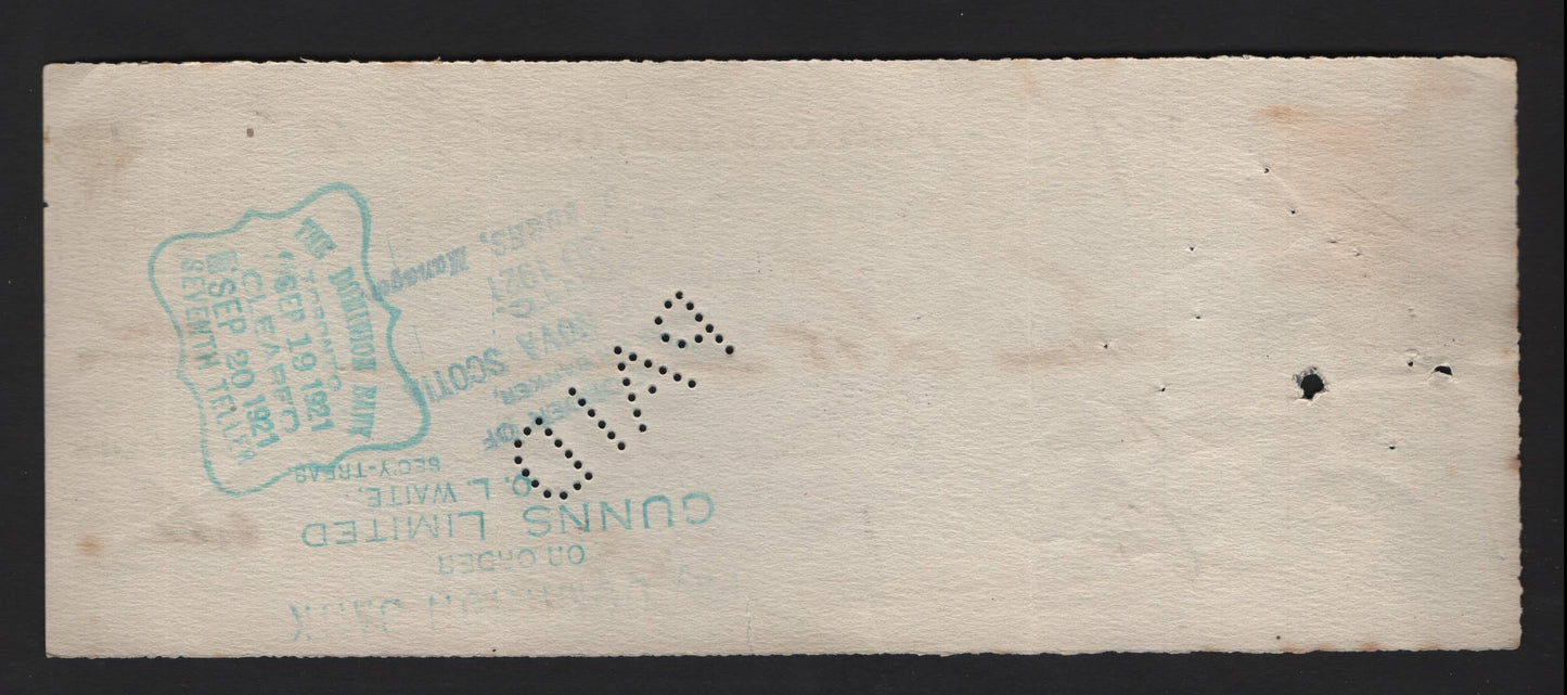 Lot 283 Canada #FWT18 2c Yellow Brown King George V, 1915 War Tax Issue, A VF Bank Of Nova Scotia Cancelled Cheque Franked With Coil Single