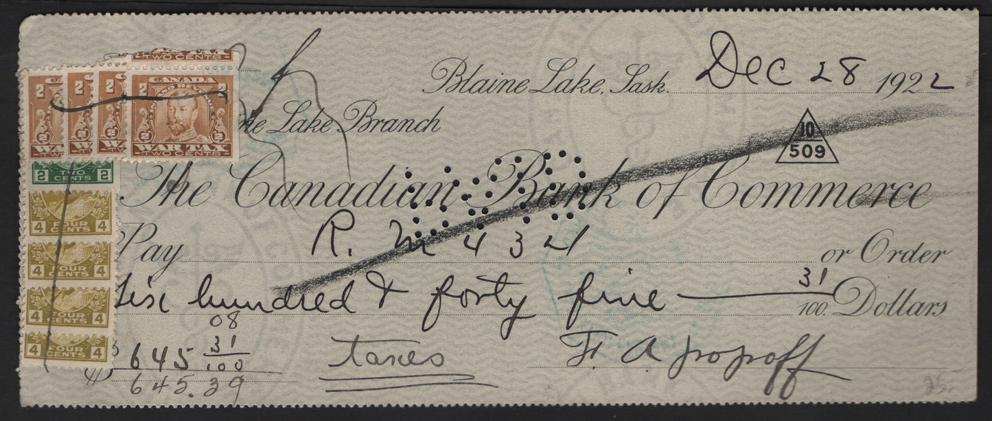 Lot 284 Canada #107, 110a, FWT8 2c, 4c Green, Olive Bistre & Yellow Brown King George V, 1911-1928 Admiral Issue & 1920 War Tax Issue, A VF Canadian Bank Of Commerce Cancelled Cheque 26c Tax, Wet Printing 2c & 4c Admirals, Scarce Combination