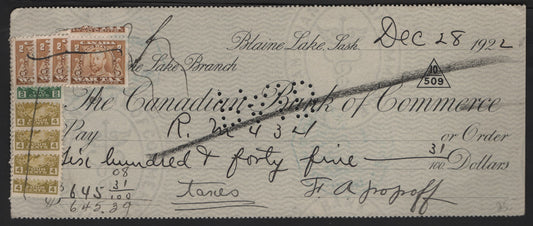 Lot 284 Canada #107, 110a, FWT8 2c, 4c Green, Olive Bistre & Yellow Brown King George V, 1911-1928 Admiral Issue & 1920 War Tax Issue, A VF Canadian Bank Of Commerce Cancelled Cheque 26c Tax, Wet Printing 2c & 4c Admirals, Scarce Combination