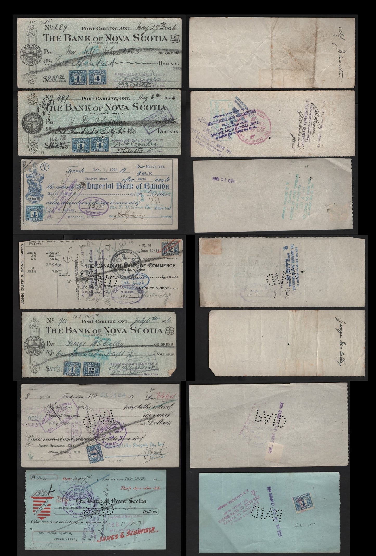 Lot 287 Canada #FX36, FX39, FX46 2c, 4c Blue & Light Blue Numeral, 1915-1928 Two Leaf Excise Tax Issue, 7 VG & Fine Cancelled Cheques Include Bank of Nova Scotia, Canadian Bank of Commerce, Imperial Bank of Canada, Wet & Dry Printings