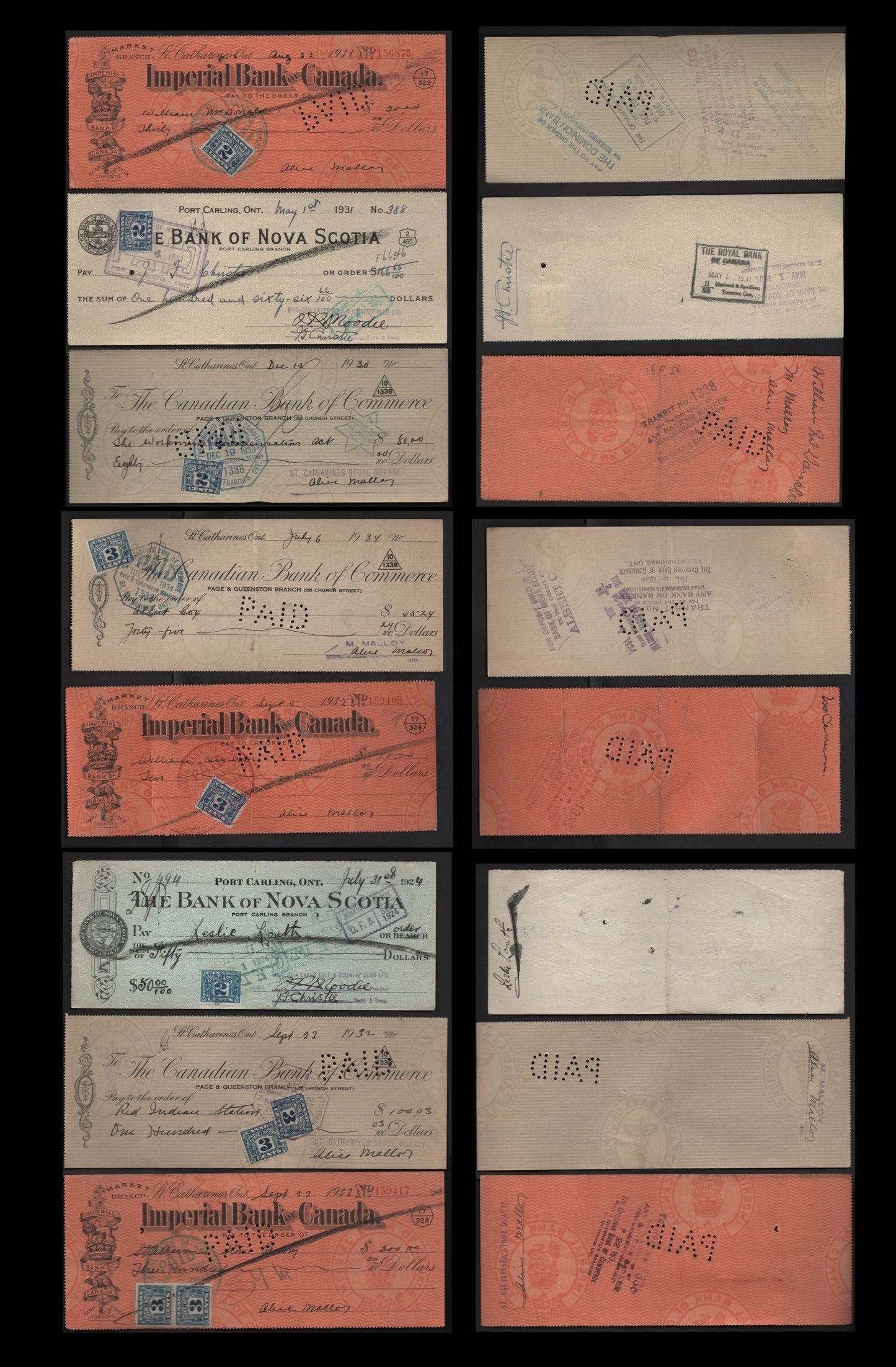Lot 288 Canada #FX36, FX38 2c, 3c Blue & Light Blue Numeral, 1915-1928 Two Leaf Excise Tax Issue, 8 VF Cancelled Cheques Includes Imperial Bank of Canada, Canadian Bank of Commerce, Bank Of Nova Scotia, Various Frankings, Wet & Dry Printings