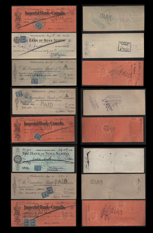 Lot 288 Canada #FX36, FX38 2c, 3c Blue & Light Blue Numeral, 1915-1928 Two Leaf Excise Tax Issue, 8 VF Cancelled Cheques Includes Imperial Bank of Canada, Canadian Bank of Commerce, Bank Of Nova Scotia, Various Frankings, Wet & Dry Printings