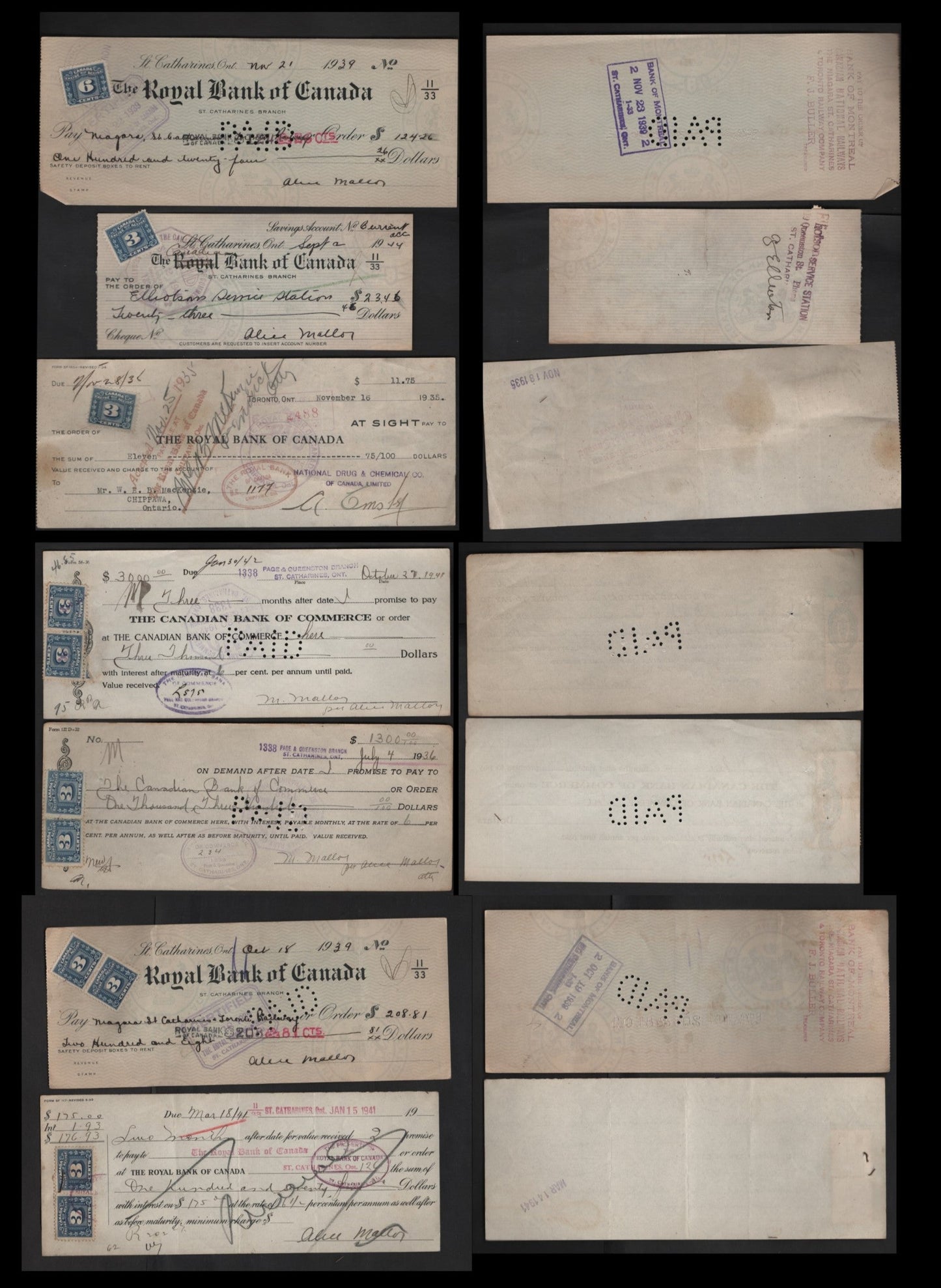 Lot 289 Canada #FX64 3c Blue Numeral, 1934-1948 Three Leaf Excise Tax, 7 VF Cancelled Cheques Includes Different Royal Bank Of Canada, & Canadian Bank Of Commerce Cheques
