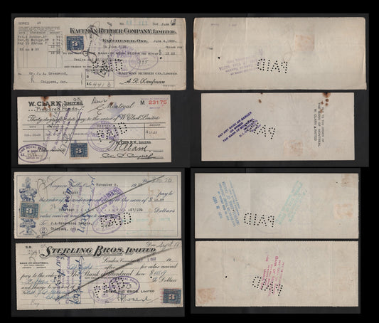 Lot 290 Canada #FX64 3c Blue Numeral, 1934-1948 Three Leaf Excise Tax, 4 Fine & VF Imperial Bank Of Canada & Private Company Cancelled Cheques Imperial Bank Of Commerce, Sterling Bros Ltd., W. Clark Ltd., Kaufman Rubber Company