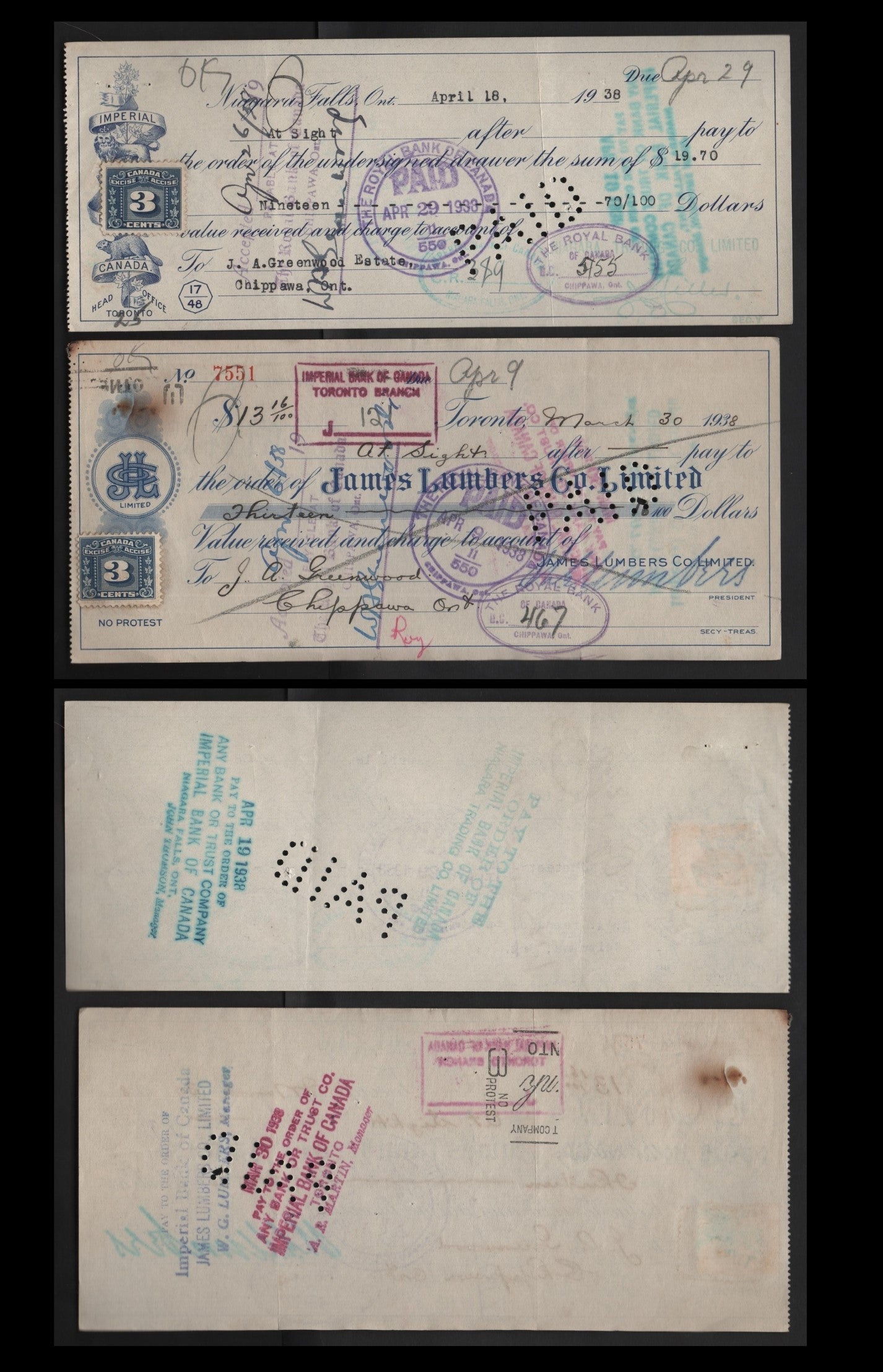 Lot 291 Canada #FX64 3c Blue Numeral, 1934-1948 Three Leaf Excise Tax, 2 Fine & VF Imperial Bank Of Canada & James Lumbers Co. Ltd. Cancelled Cheques