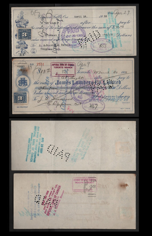 Canada #FX64 3c Blue Numeral, 1934-1948 Three Leaf Excise Tax, 2 Fine & VF Imperial Bank Of Canada & James Lumbers Co. Ltd. Cancelled Cheques