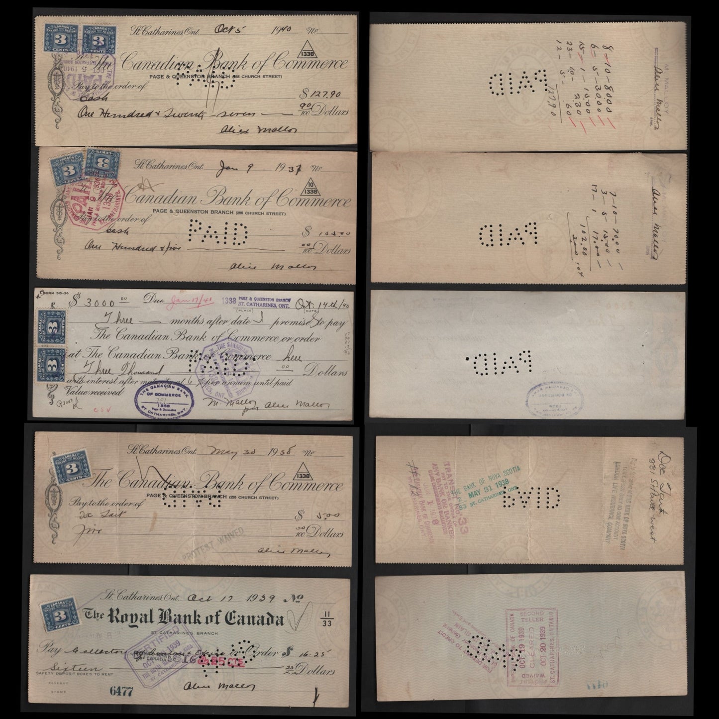 Lot 292 Canada #FX64 3c Blue Numeral, 1934-1948 Three Leaf Excise Tax, 5 Fine & VF Cancelled Cheques Canadian Bank of Commerce & Royal Bank