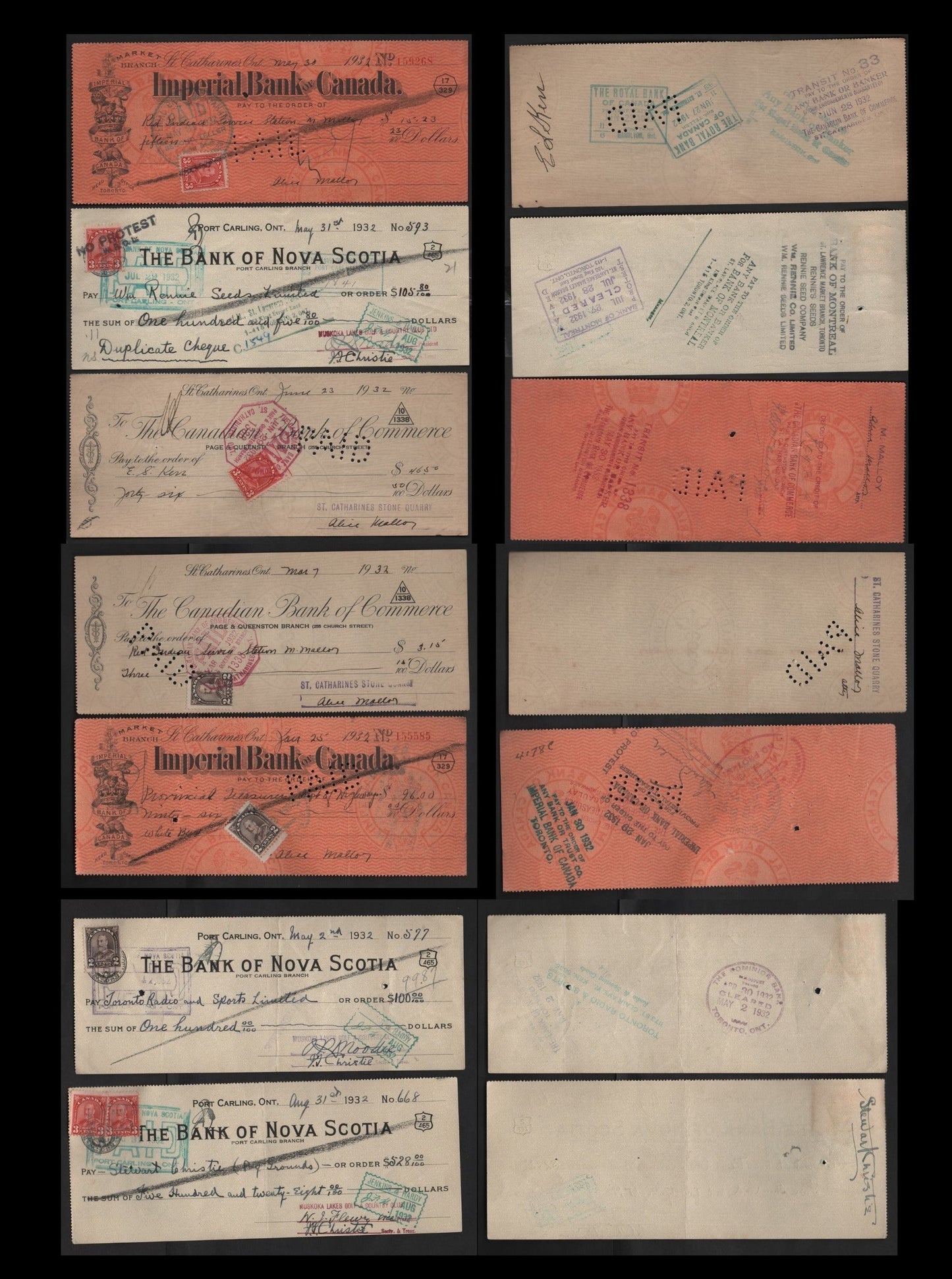 Lot 293 Canada #166, 167 2c-3c Dark Brown & Scarlet King George V, 1930-1935 Arch Issue, 7 Fine & VF Cancelled Cheques Bank Of Nova Scotia, Canadian Bank Of Commerce, & Imperial Bank of Canada, 2c Are All Die 2