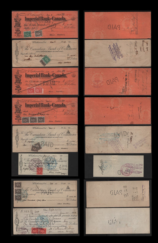 Lot 294 Canada #195, 195d, 196, 167, 197, 197c 1c-3c Dark Green - Scarlet King George V, 1932-1935 Medallion Issue, 8 Fine & VF Cancelled Cheques Canadian Bank of Commerce & Imperial Bank Of Canada, Both Dies of 3c &  Wet & Dry Rotary 1c
