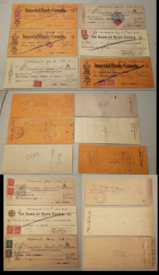 Lot 295 Canada #195-197, 197c 1c-3c Dark Green - Scarlet King George V, 1932-1935 Medallion Issue, 9 VF Cancelled Cheques Canadian Bank of Commerce, Bank of Nova Scotia & Imperial Bank Of Canada, Both Dies of 3c