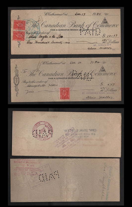 Canada #197 3c Scarlet King George V, 1932-1935 Medallion Issue, 2 VF Canadian Bank Of Commerce Cancelled Cheques Die 1 - Much Scarcer Than Die 2