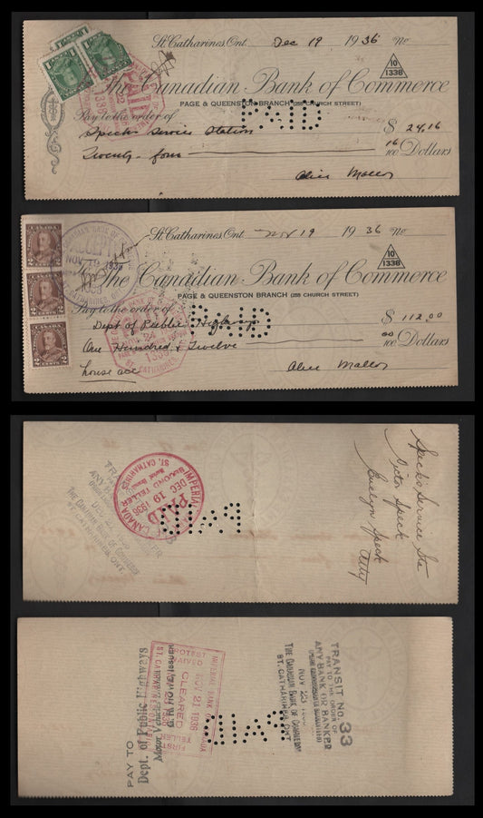 Lot 297 Canada #217-218 1c-2c Green & Brown King George V, 1935-1937 Dated Die Issue, 2 VF Canadian Bank Of Commerce Cancelled Cheques