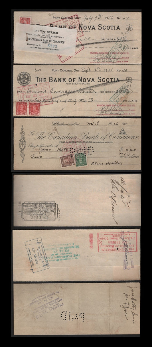 Lot 298 Canada #217-219 1c-3c Green-Carmine Red King George V, 1935-1937 Dated Die Issue, 3 VF Canadian Bank Of Commerce & Bank of Nova Scotia Cancelled Cheques