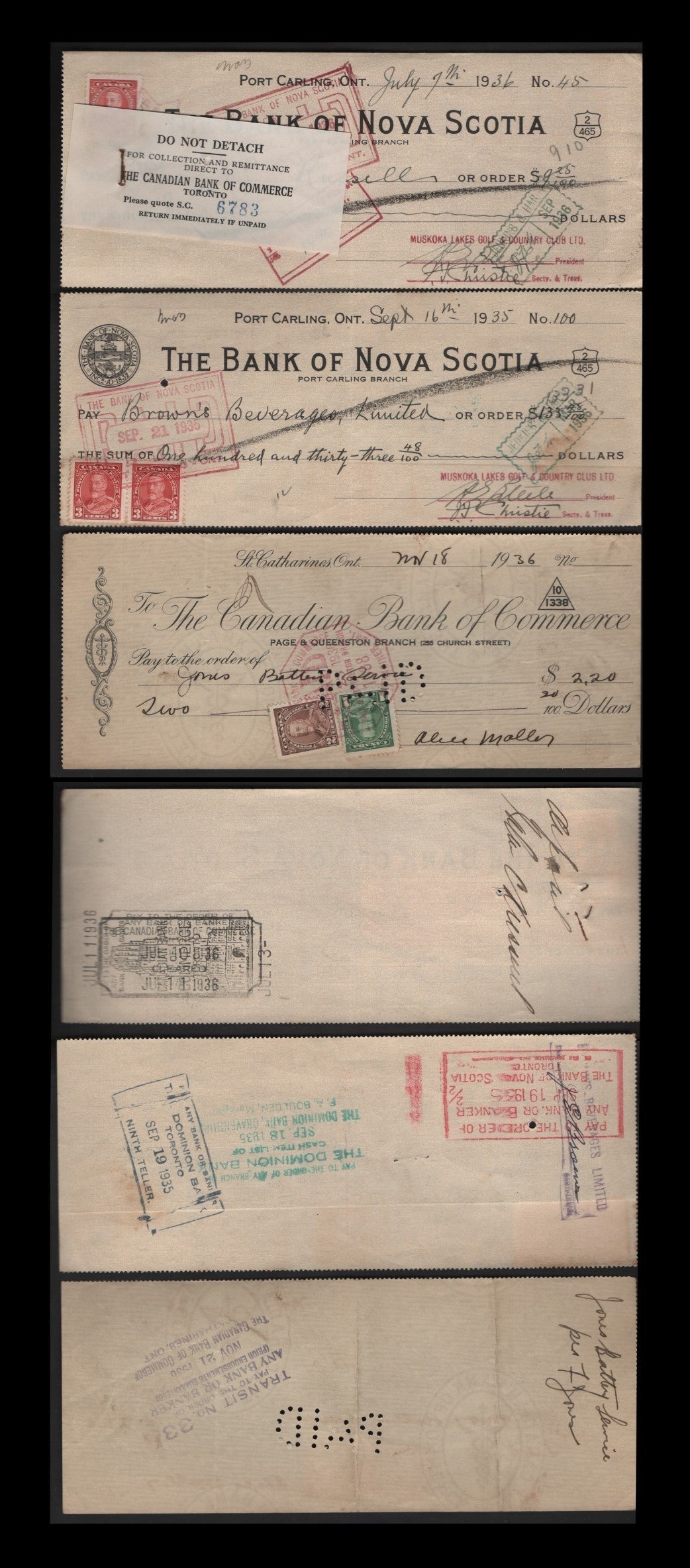 Canada #217-219 1c-3c Green-Carmine Red King George V, 1935-1937 Dated Die Issue, 3 VF Canadian Bank Of Commerce & Bank of Nova Scotia Cancelled Cheques