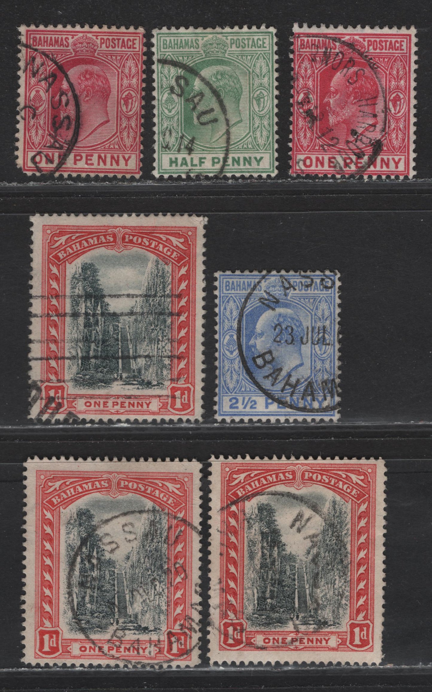 Lot 30 Bahamas SG#58, 62, 71-73, 75-a 1d Black & Red - Gray Black & Scarlet Queens Staircase, 1901-1919 Queens Staircase Definitive Issues, 7 Very Good/Fine/Very Fine Used Singles, Crown CC & Multiple Crown CA Wmks