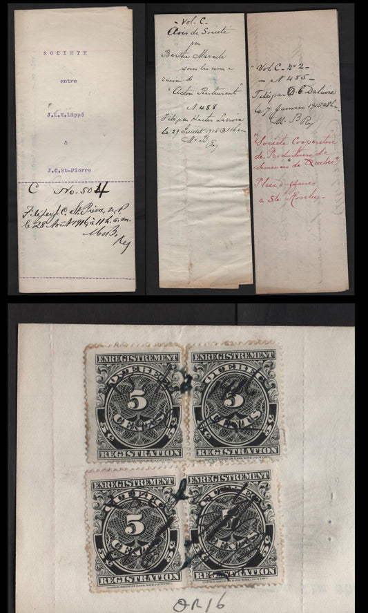 Lot 300 Canada - Province of Quebec #QR16 5c Black Numeral, 1912 Registration Issue, 3 VF Business Registration Documents