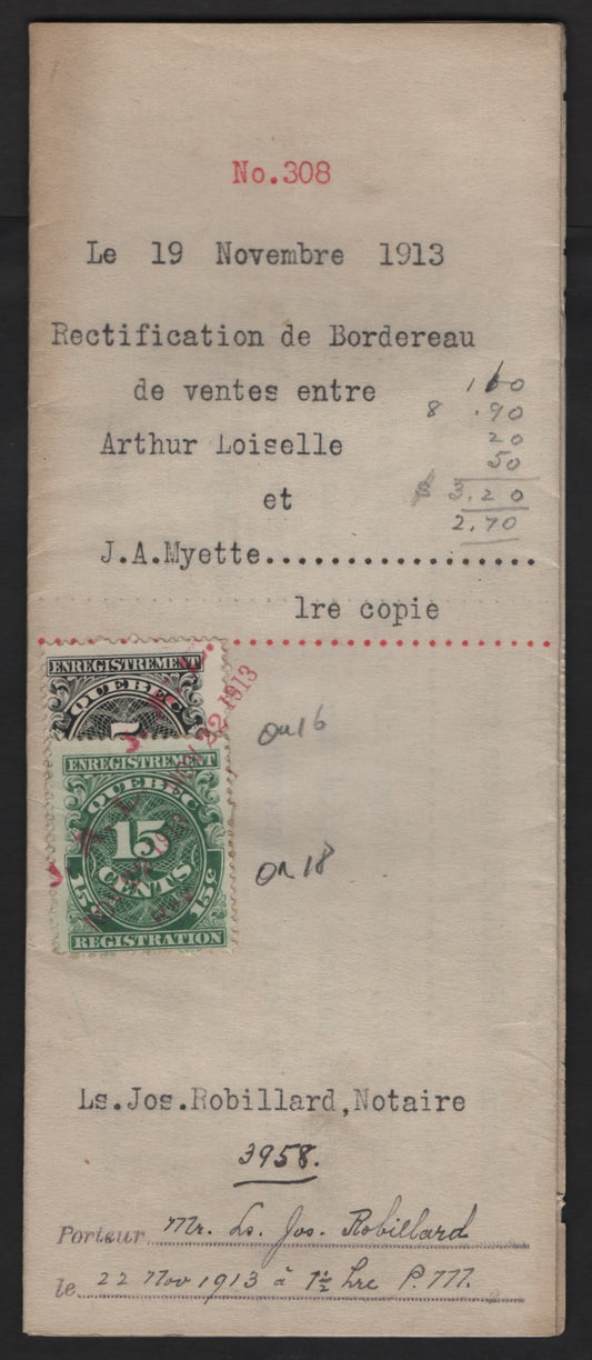 Lot 302 Canada - Province of Quebec #QR16, QR18 5c, 15c Black & Green Numeral, 1912 Registration Issue, A VF Amendment to Contract/Registration of Judgement