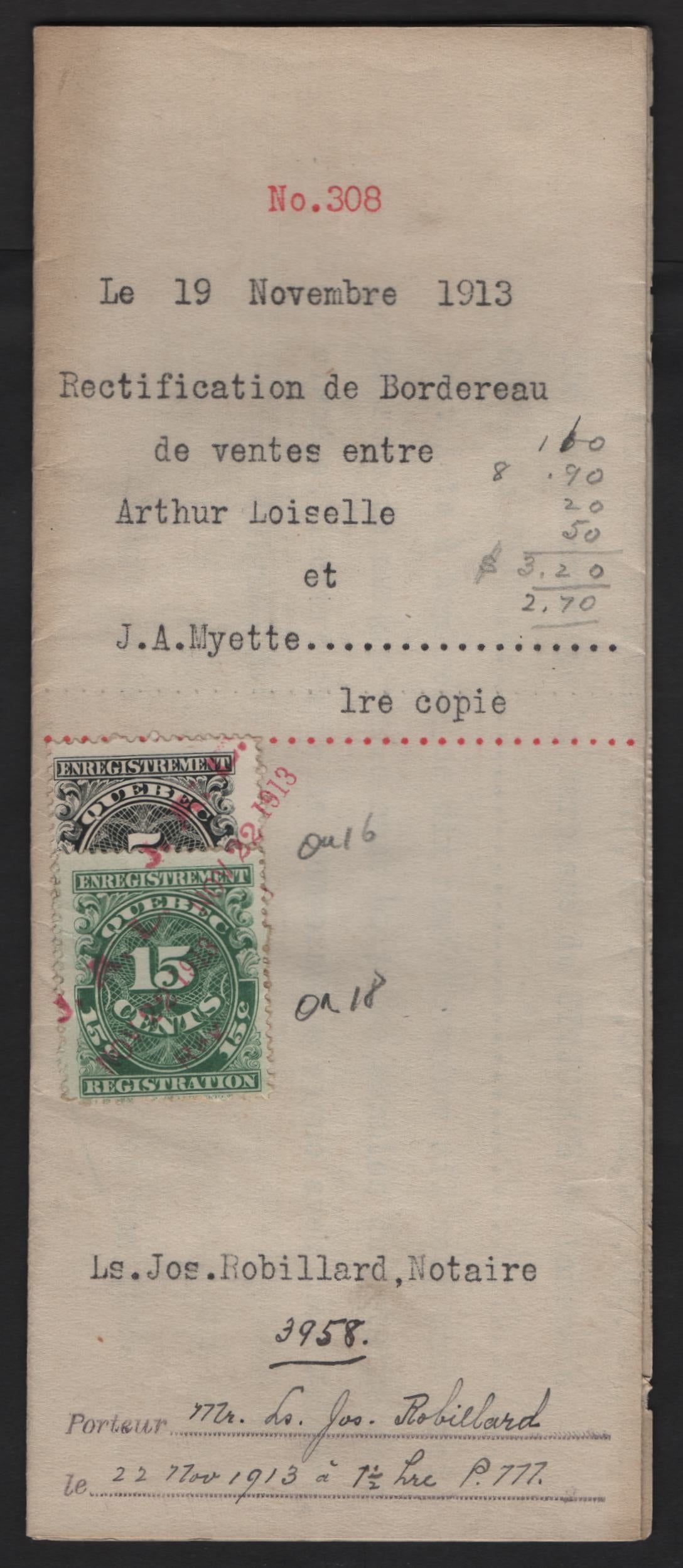 Canada - Province of Quebec #QR16, QR18 5c, 15c Black & Green Numeral, 1912 Registration Issue, A VF Amendment to Contract/Registration of Judgement