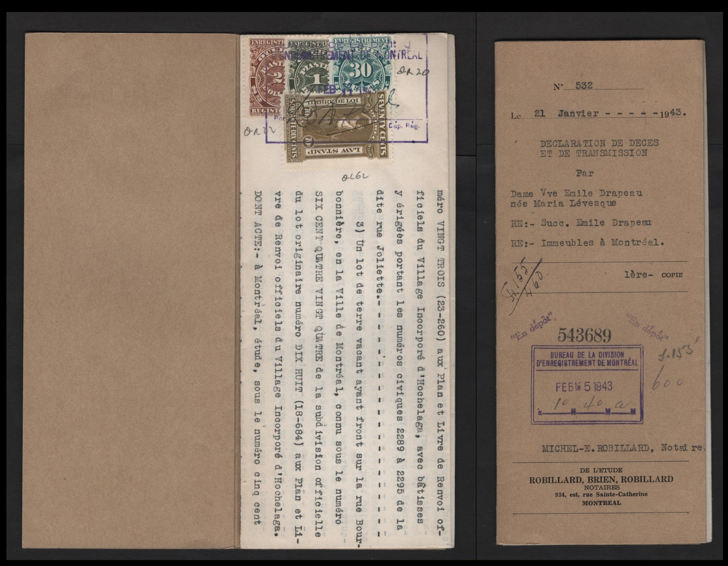 Lot 304 Canada - Province of Quebec #QL62, QR20, QR22-QR23 70c, 30c, $1-$2 Bistre, Greenish Blue, Olive Green & Red Brown Justice & Numeral, 1912 Law Issue & Registration Issue, A VF Declaration of Death & Transmission