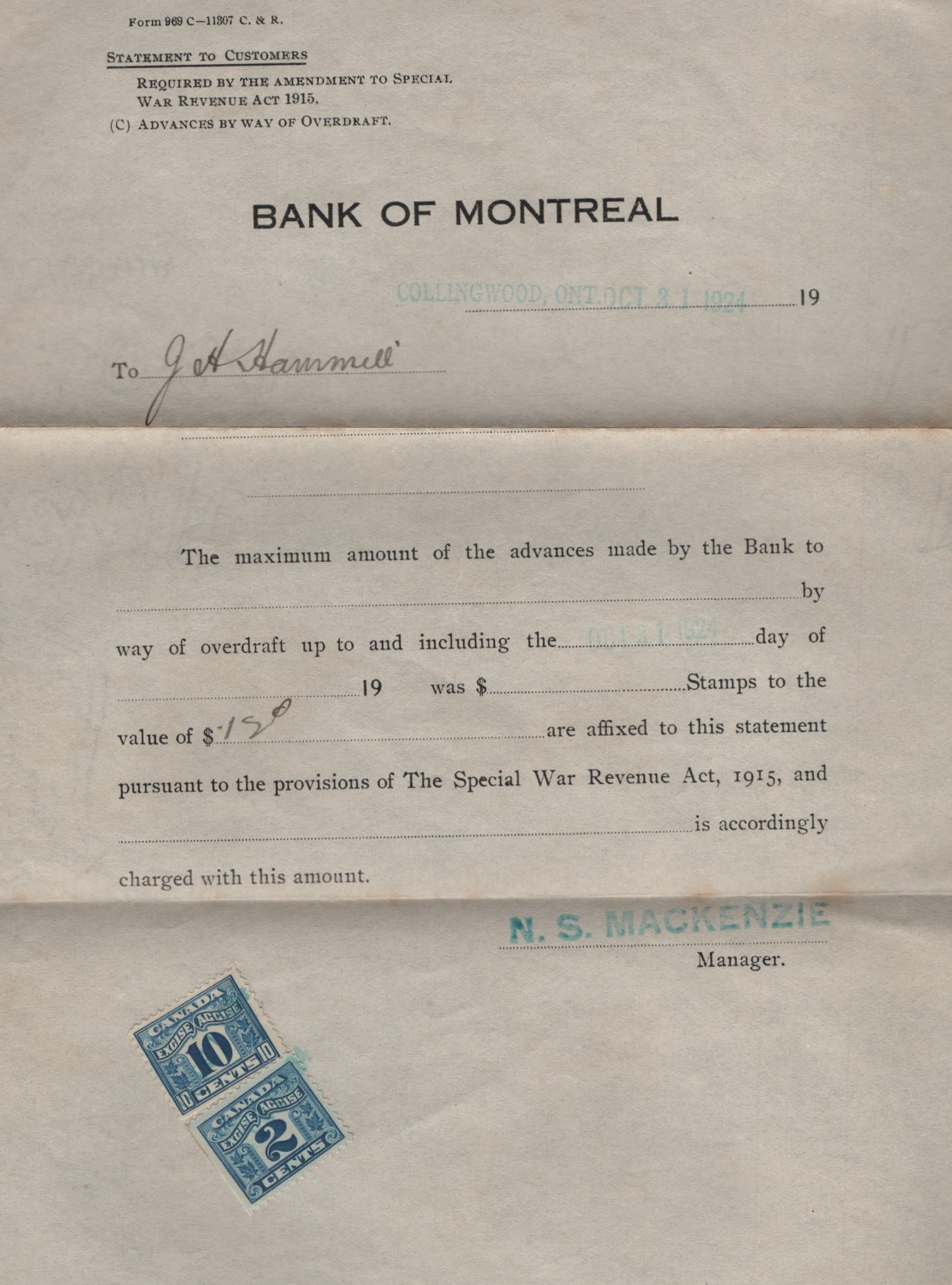 Lot 305 Canada #FX36, FX42 2c, 10c Light Blue Numeral, 1915-1928 Two Leaf Excise Tax Issue, A VF Bank of Montreal Overdraft Tax Notice Wet Printings