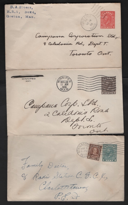 Lot 312 Canada #U46-U48, 218 1c-3c Green - Red King George V, 1933 Medallion Issue, 3 VF Postal Stationery Envelopes #8 Size, 1c Uprated to 3c With 2c Stamp