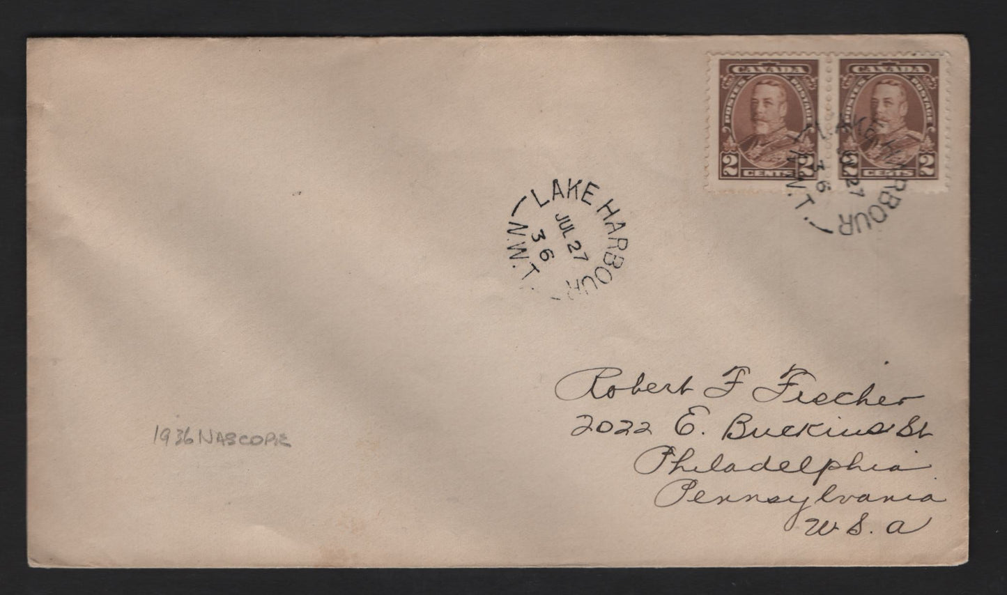 Lot 313 Canada #218 2c Brown King George V, 1935-1937 Dated Die Issue, 2 VF Nascopie Cover Lake Harbour NWT Split Ring Cancel