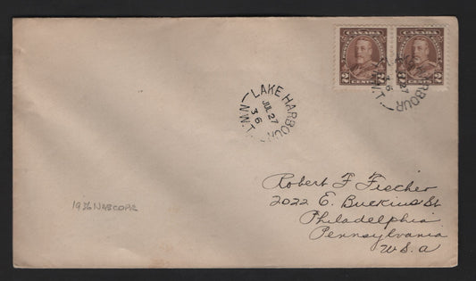 Lot 313 Canada #218 2c Brown King George V, 1935-1937 Dated Die Issue, 2 VF Nascopie Cover Lake Harbour NWT Split Ring Cancel
