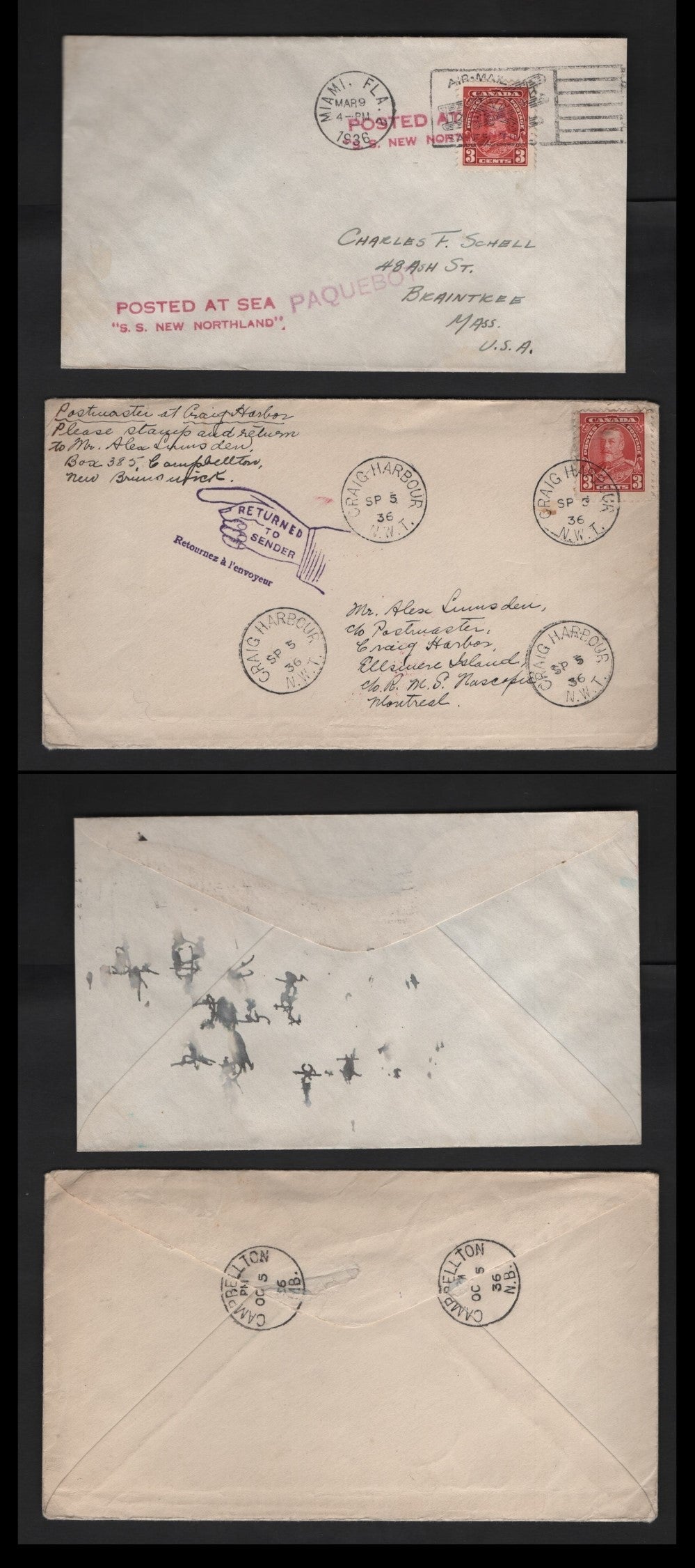 Lot 316 Canada #219 3c Carmine Red King George V, 1935-1937 Dated Die Issue, A VF Paquebot Cover & F-VF Craig Harbour NWT Returned Cover S.S. New Northland, Cancelled in Miami & Craig Harbour NWT Cancels