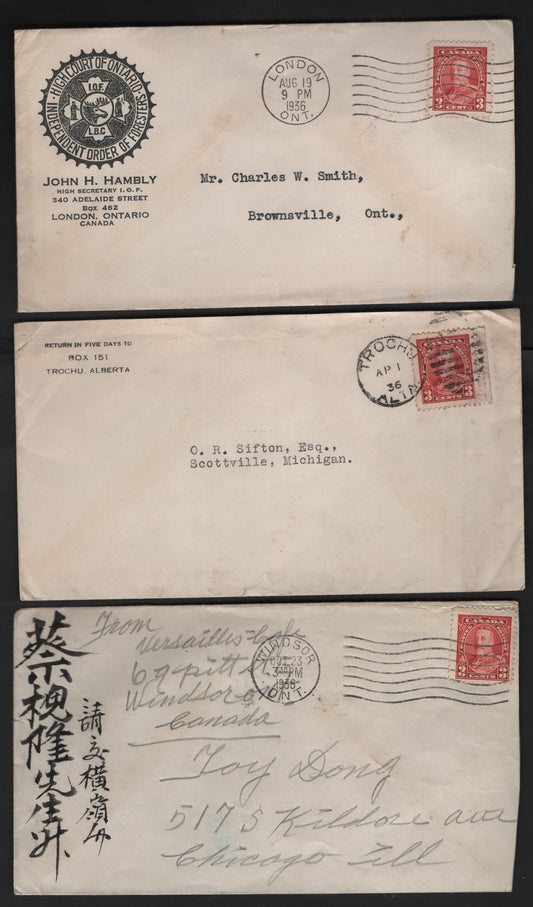 Lot 317 Canada #219 3c Carmine Red King George V, 1935-1937 Dated Die Issue, 2 Fine & VF Corner Card Advertising Covers & Chinese Calligraphy Docketed Cover