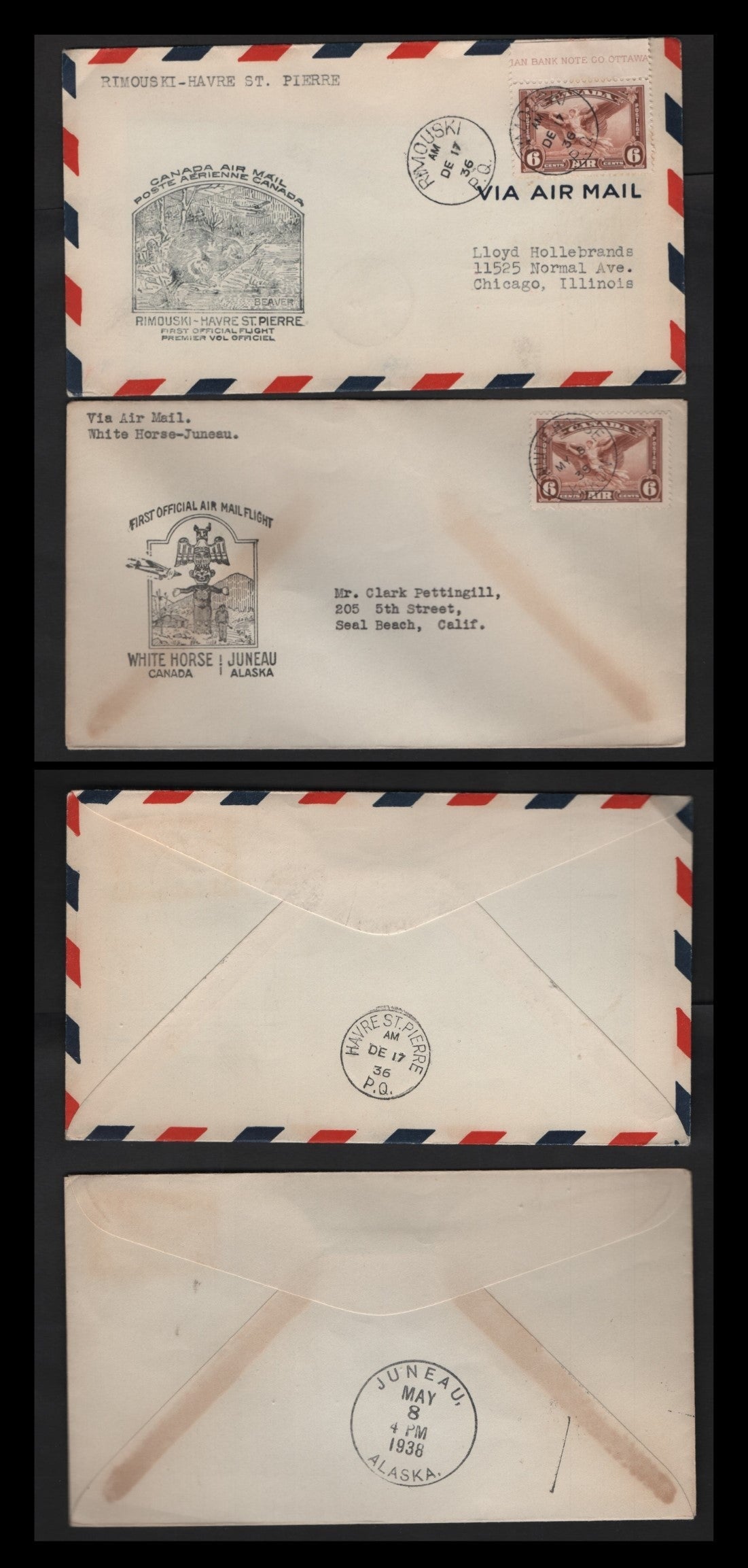 Lot 318 Canada AAMC#3619a, 3813a 6c Red Brown Daedalus, 1935-1937 Dated Die Issue Airmail, 2 VF Commemorative Fight Covers Rimouski-Havre St. Pierre & Whitehorse-Juneau Flights